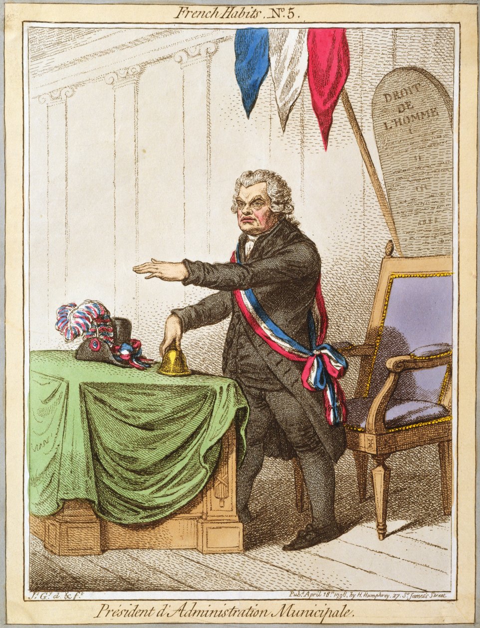 Presidente de la Administración Municipal, lámina 5 de Hábitos Franceses publicada por Hannah Humphrey en 1798 de James Gillray
