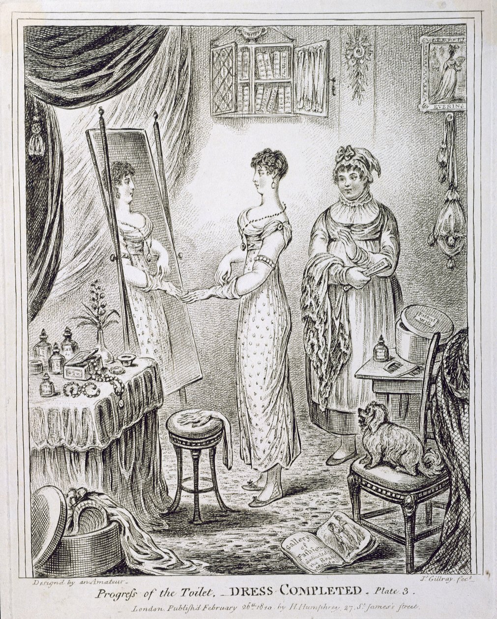 Progreso del tocador, o vestido completo, publicado por Hannah Humphrey en 1810 de James Gillray