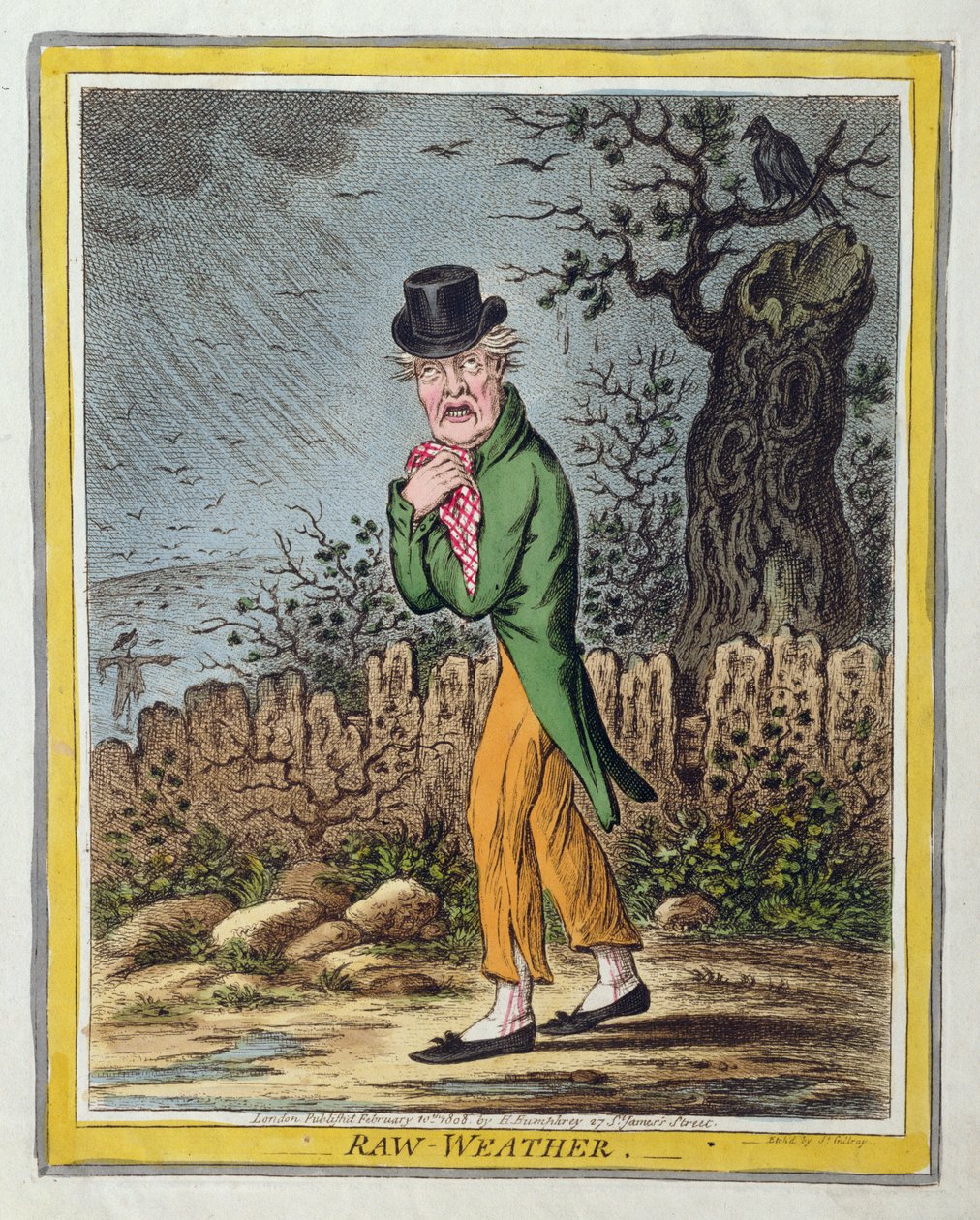 Clima Crudo, publicado por Hannah Humphrey en 1808 (aguafuerte coloreado a mano) de James Gillray