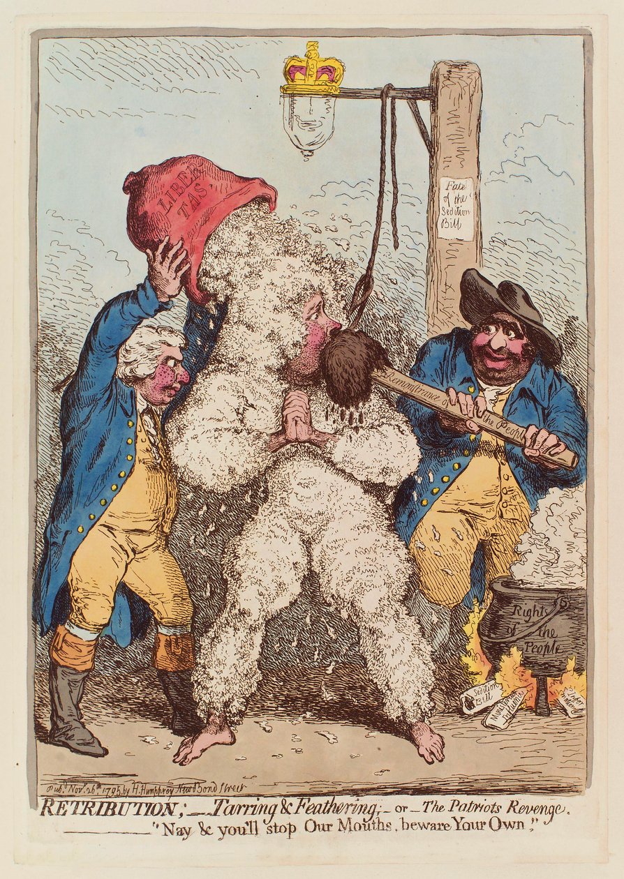 Retribución: Embadurnamiento y emplumado, o La venganza del patriota, pub. 1795 de James Gillray
