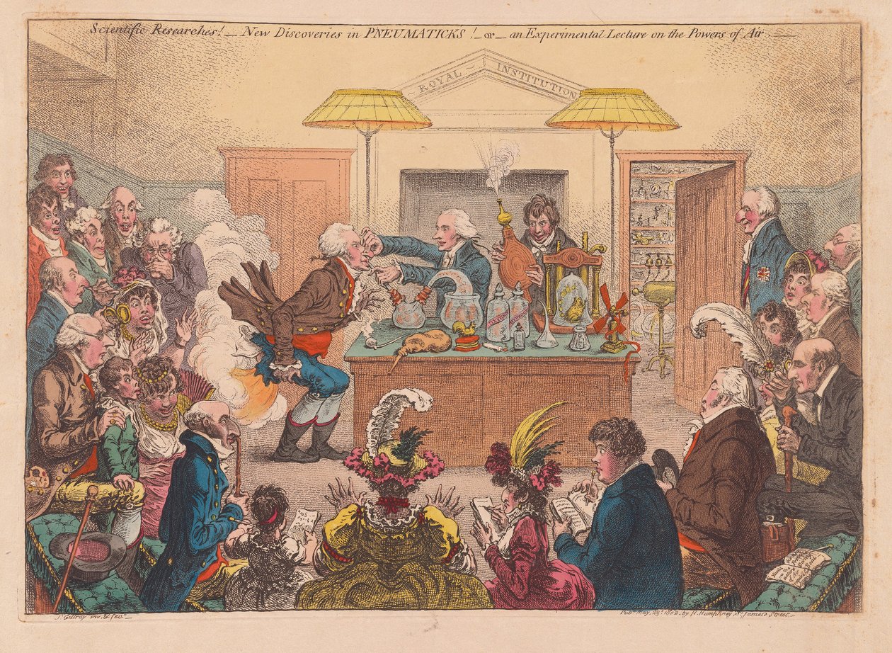 Investigaciones científicas! Nuevos descubrimientos en neumática! O una conferencia experimental sobre los poderes del aire, pub. 1802 de James Gillray