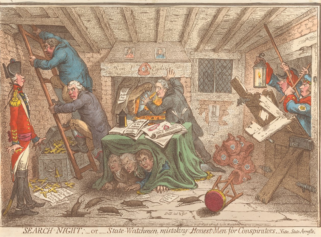 «Noche de redadas»; o «Los guardias estatales confunden a hombres honrados con conspiradores» — Véase: Detenciones estatales de James Gillray