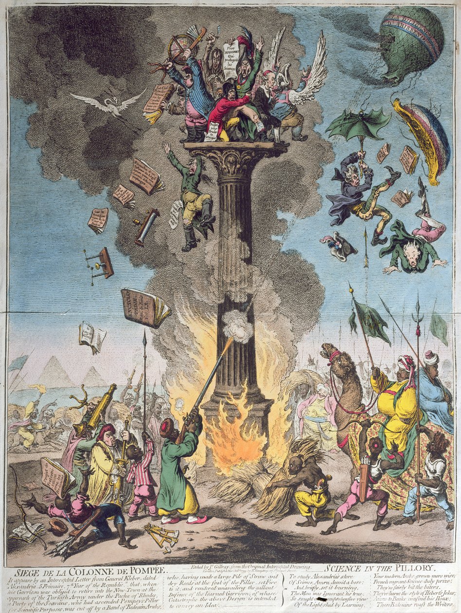 Sitio de la columna de Pompeyo, o la ciencia en el pilar, publicado por H. Humphrey en 1799 de James Gillray