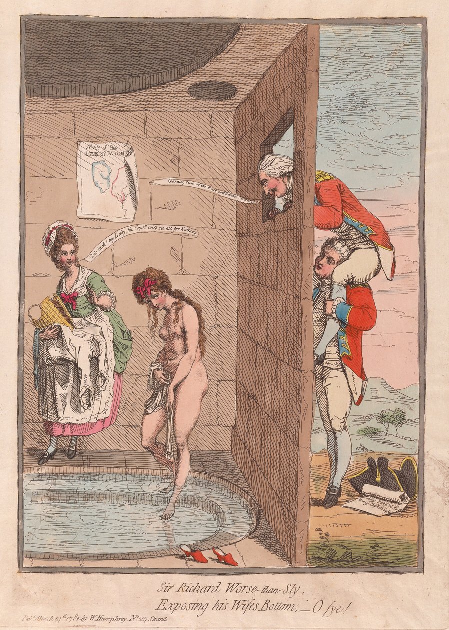 Sir Richard Peor-que-Sly, exponiendo el trasero de su esposa - ¡Oh, qué vergüenza! de James Gillray