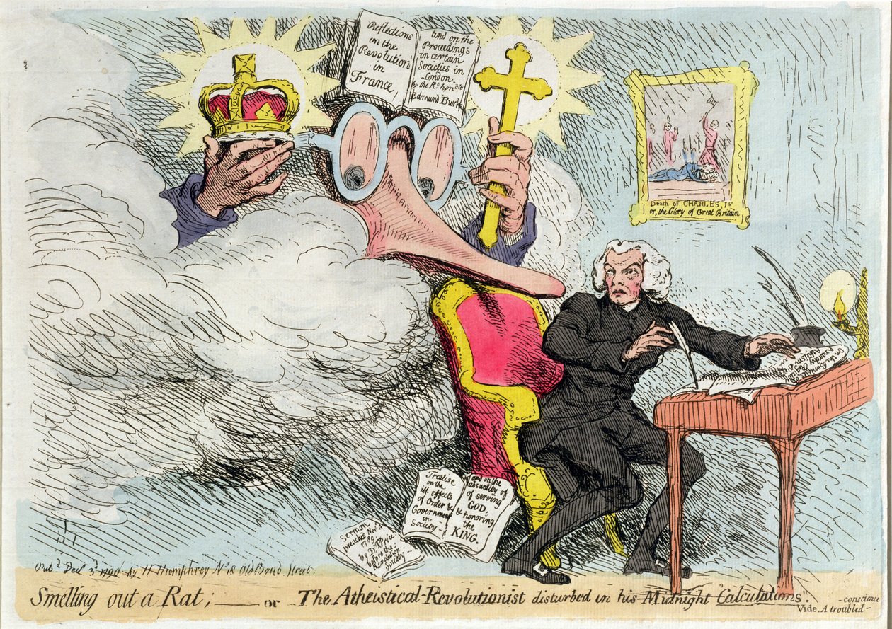 Oliendo una rata, o El revolucionario ateo perturbado en sus "Cálculos" de medianoche, publicado por Hannah Humphrey en 1790 (grabado coloreado a mano) de James Gillray