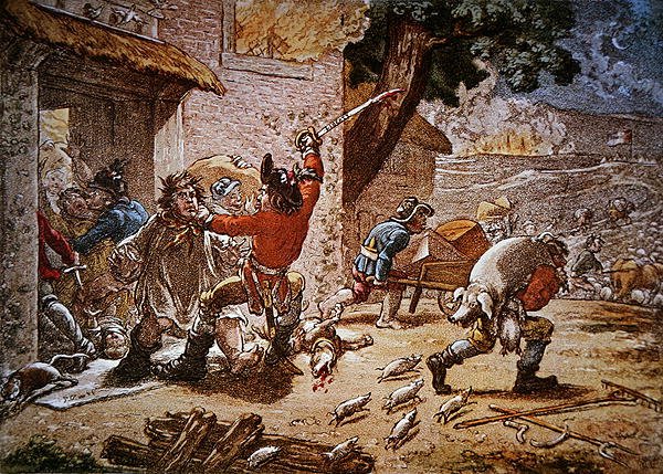 La Sociedad de Irlandeses Unidos "De servicio" asalta una granja en busca de armas y alimentos de James Gillray