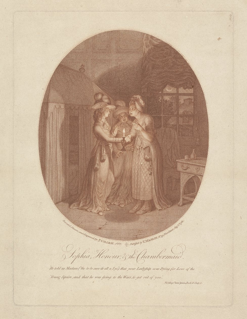 Sophia, Honour y la camarera, escena de Tom Jones de Henry Fielding de James Gillray