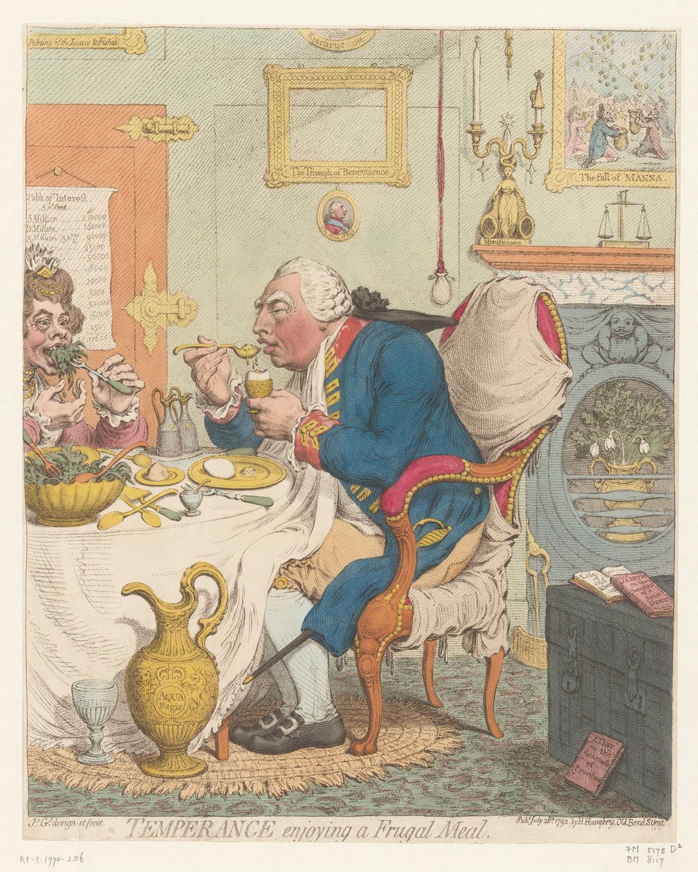 Spotprent op George III, 1792 Templanza disfrutando de una comida frugal (título sobre el objeto) de James Gillray