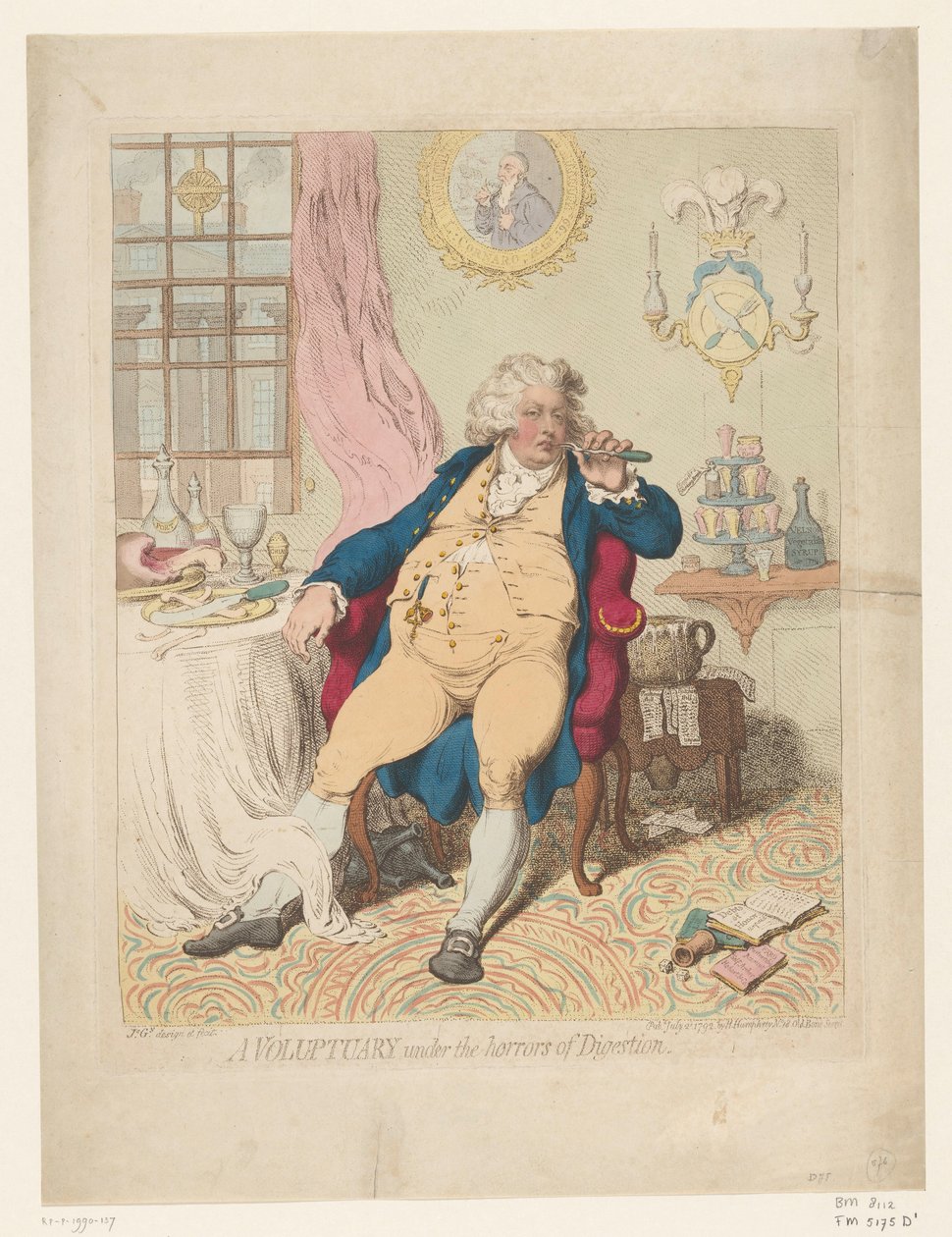 Spotprent op George IV, 1792 Un voluptuoso bajo los horrores de la digestión (título sobre el objeto) de James Gillray