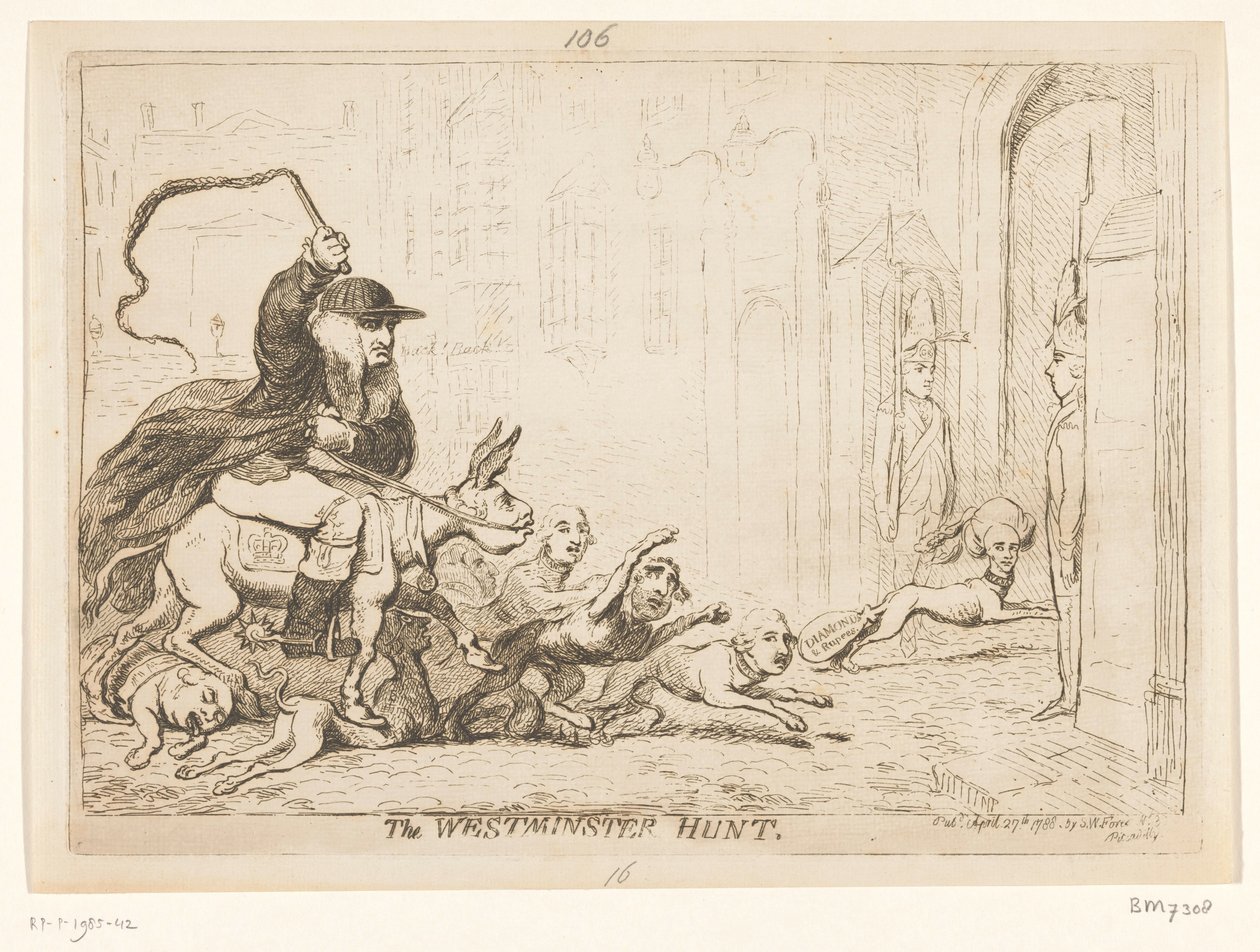 Caricatura sobre Warren Hastings, 1788 The Westminster Hunt (título sobre el objeto) de James Gillray