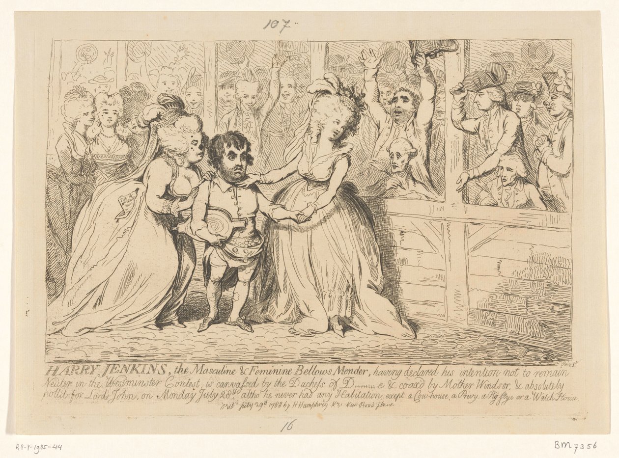 Caricatura de política interna inglesa, 1788 Harry Jenkins, el reparador de fuelle masculino y femenino de James Gillray