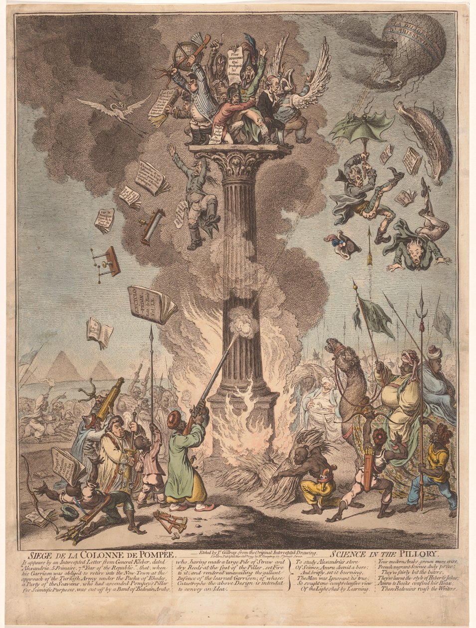 Caricatura de la expedición francesa a Egipto, 1799 Siege de la Colonne de Pompee / Science in the picota (título sobre objeto) de James Gillray