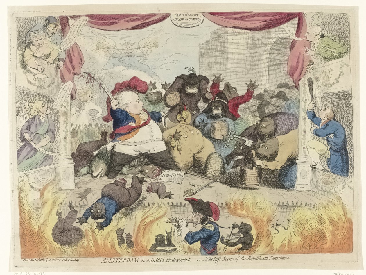 Caricatura del pánico entre los patriotas tras la recuperación del estatúder Guillermo V, 1787 Amsterdam en una situación difícil, - o - La última escena de la pantomima republicana (título sobre el objeto) de James Gillray