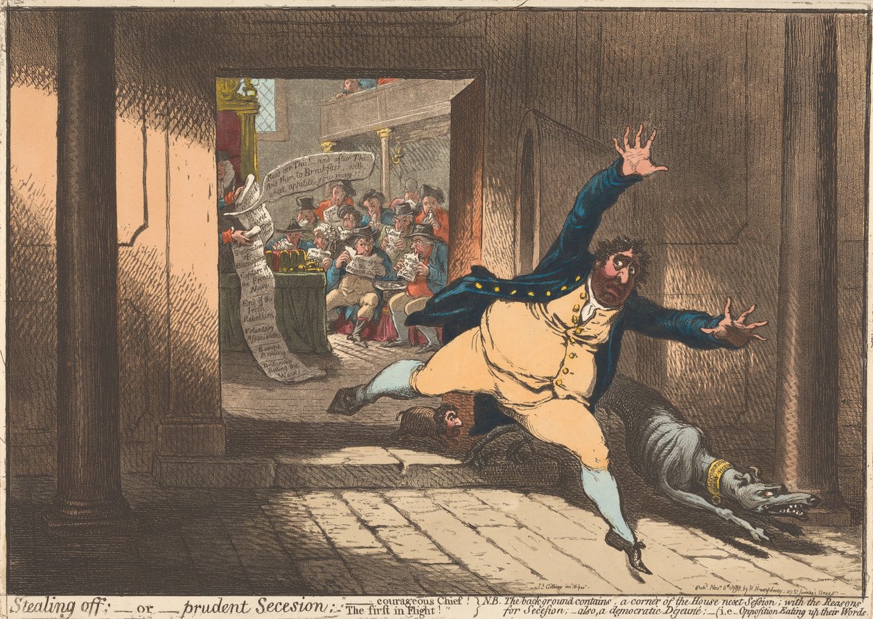 Huir; - o - Secesión prudente. «El valiente jefe, el primero en huir» de James Gillray