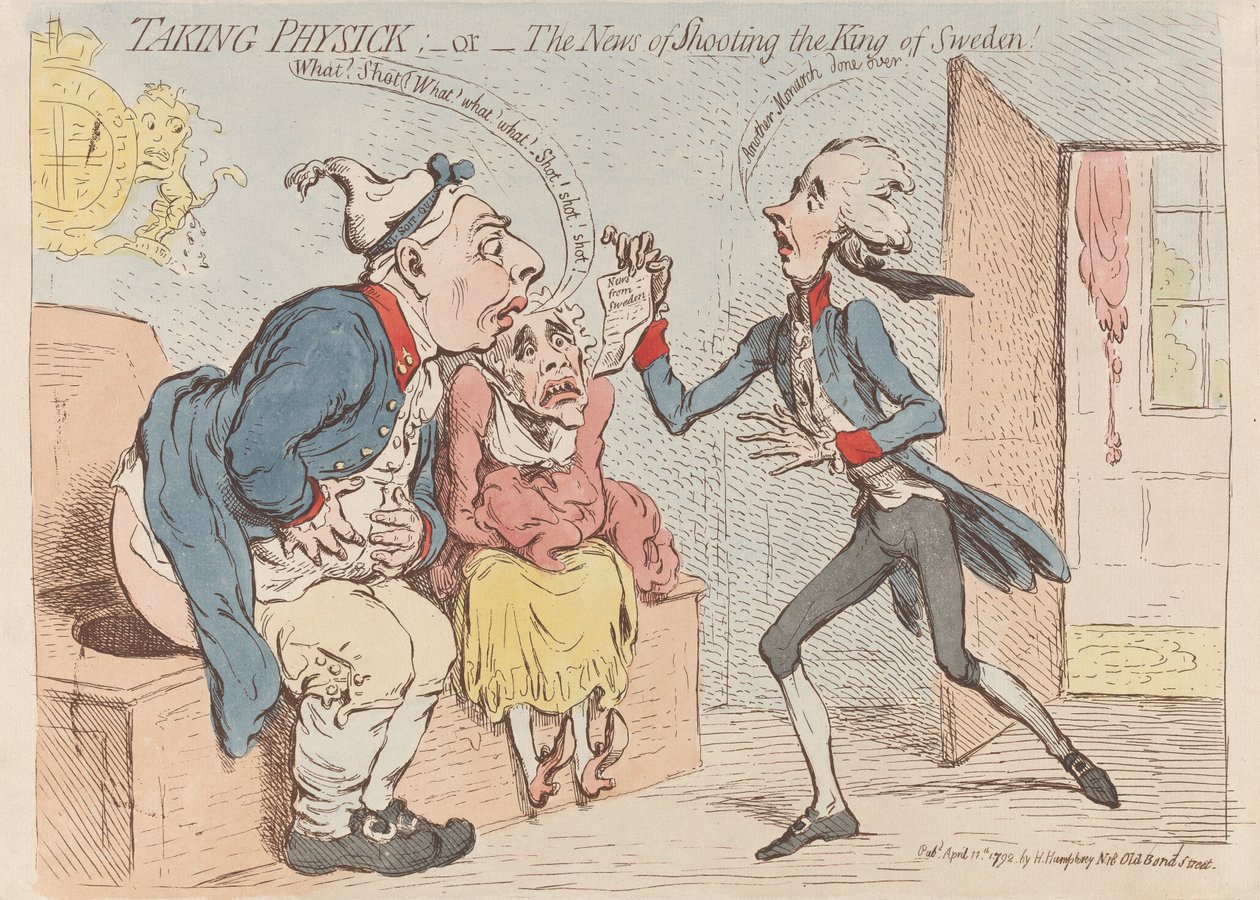 «Taking Physick»; -  o - ¡La noticia del asesinato del rey de Suecia! de James Gillray