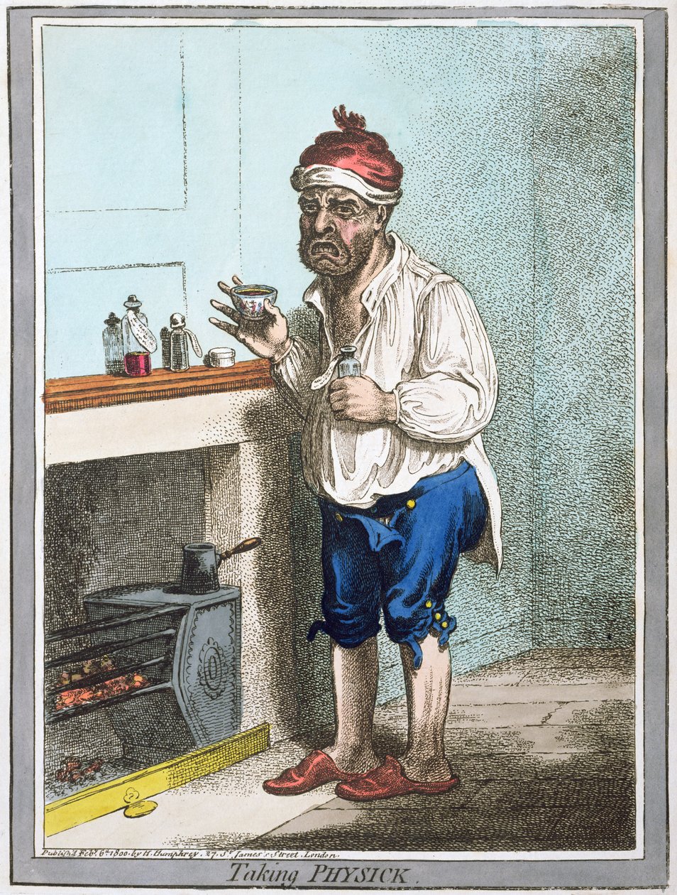 Tomando medicina, publicado por Hannah Humphrey en 1800 de James Gillray