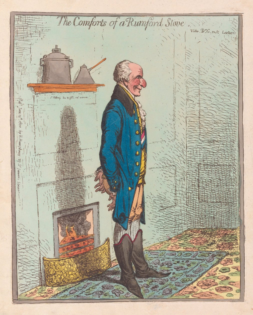 Las Comodidades de una Estufa Rumford, pub 1800 (grabado coloreado a mano) de James Gillray