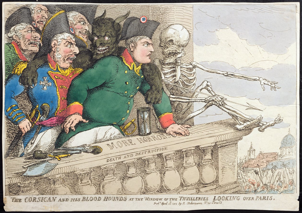 El corso y sus sabuesos en la ventana de las Tullerías, mirando sobre París, publicado por Hannah Humphrey en 1815 de James Gillray