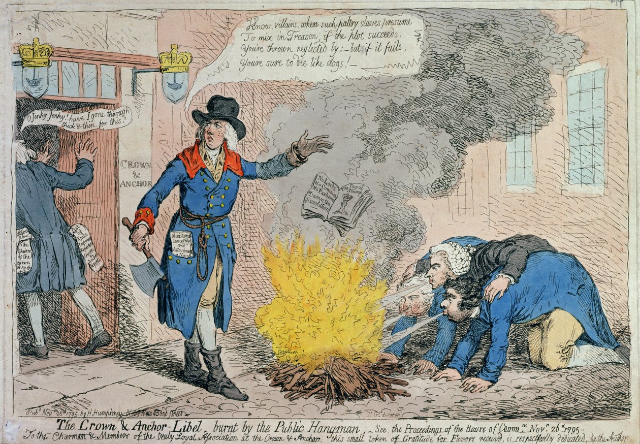 El libelo de Crown und Anchor quemado por el verdugo público, publicado por Hannah Humphrey en 1795 de James Gillray
