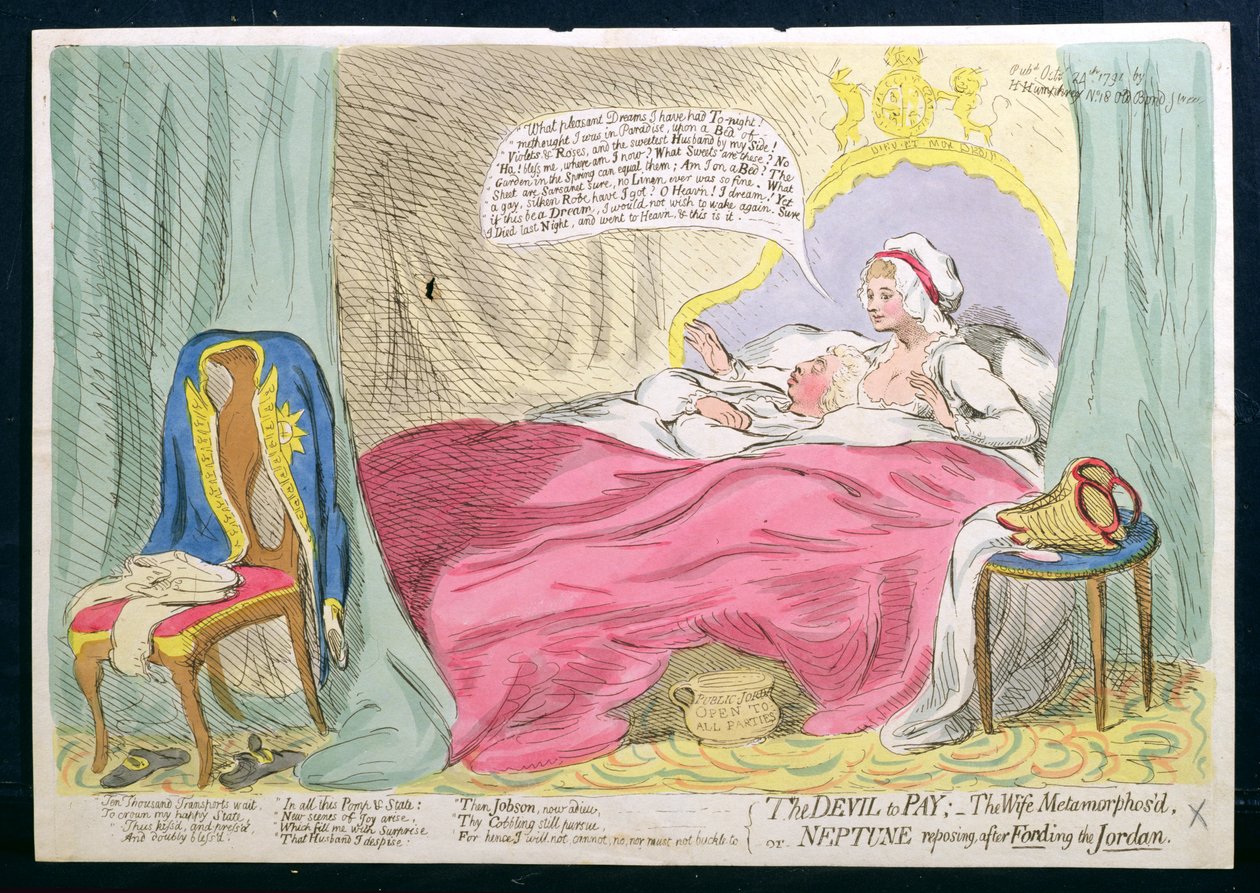 El diablo a pagar: La esposa metamorfoseada, o Neptuno reposando después de vadear el Jordán, publicado por Hannah Humphrey en 1791 de James Gillray