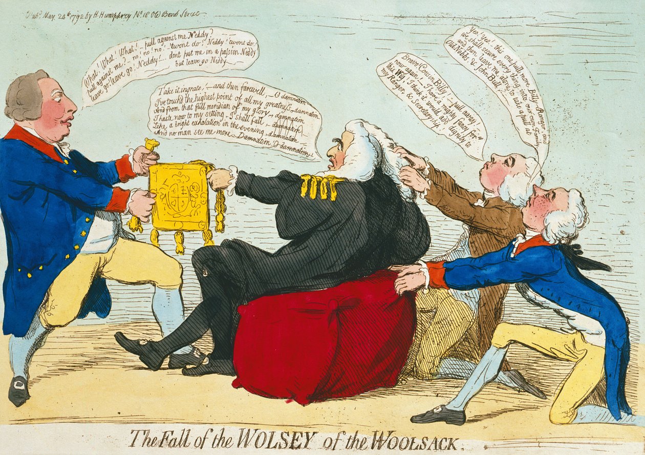 La caída de Wolsey del Woolsack, publicado por Hannah Humphrey en 1792 de James Gillray