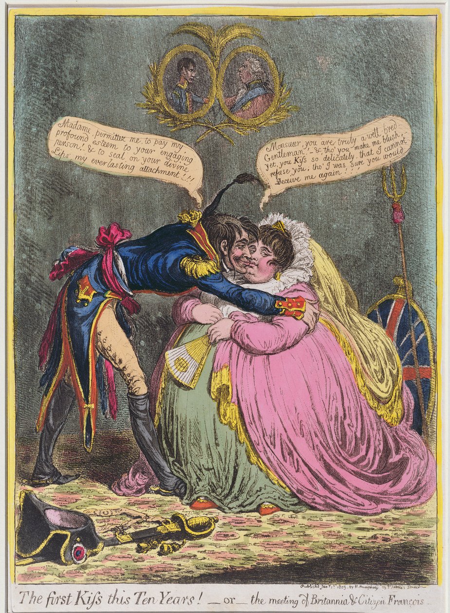 ¡El primer beso en diez años! o El encuentro de Britannia y el Ciudadano François, publicado por Hannah Humphrey en 1803 de James Gillray