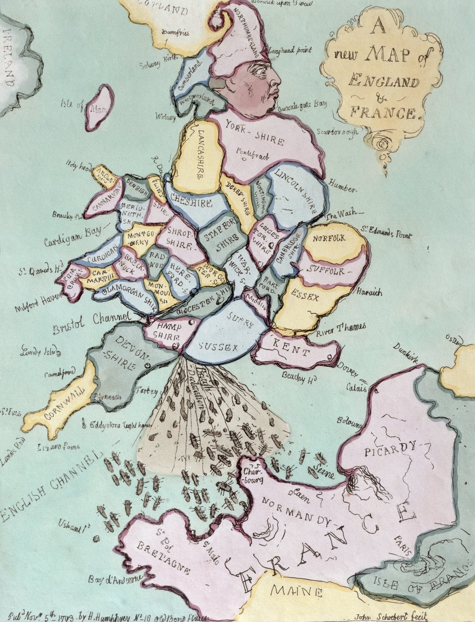 La invasión francesa, o John Bull bombardeando los barcos de suministros, publicado por Hannah Humphrey en 1793 de James Gillray
