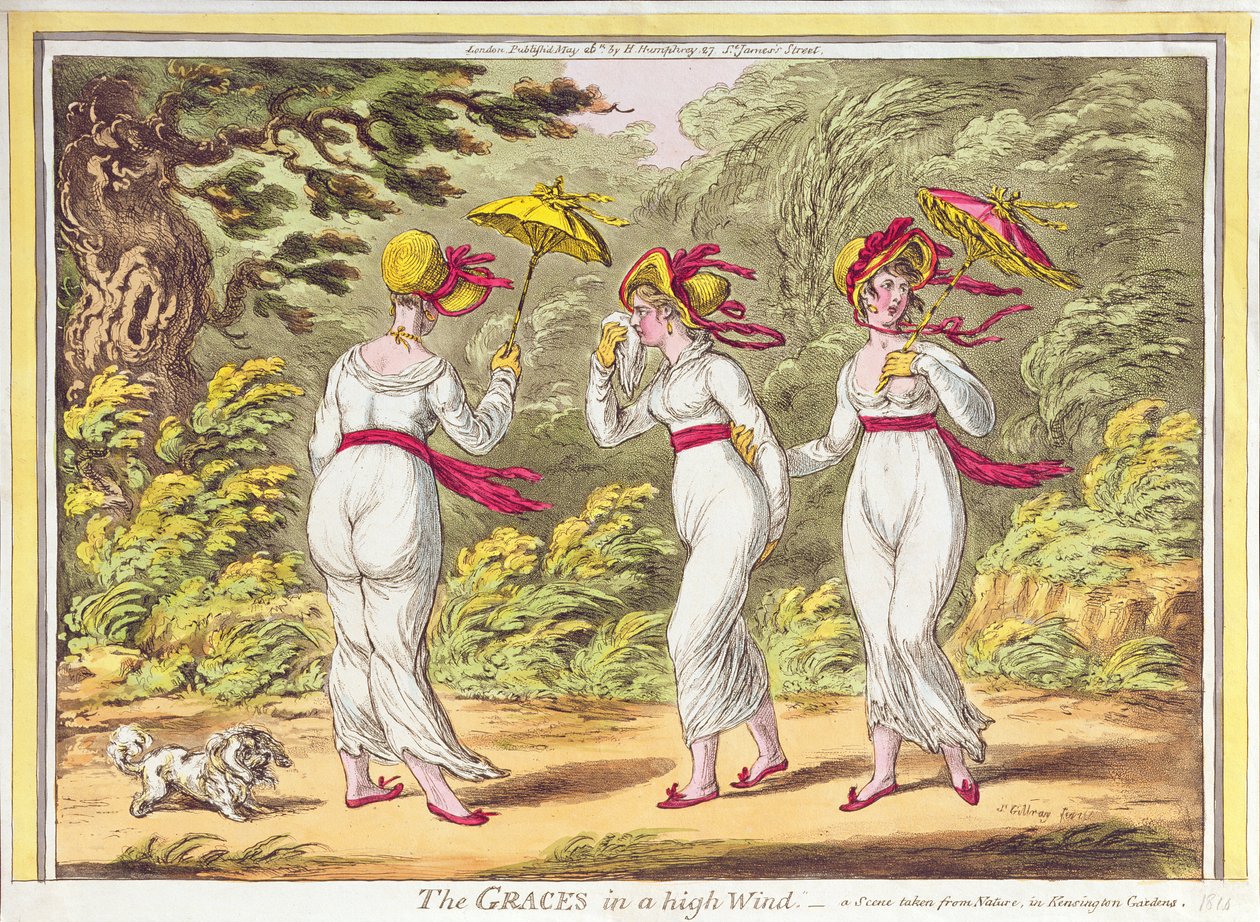 Las Gracias en un fuerte viento, una escena tomada de la naturaleza en los Jardines de Kensington, pub. por Hannah Humphrey, 1810 de James Gillray