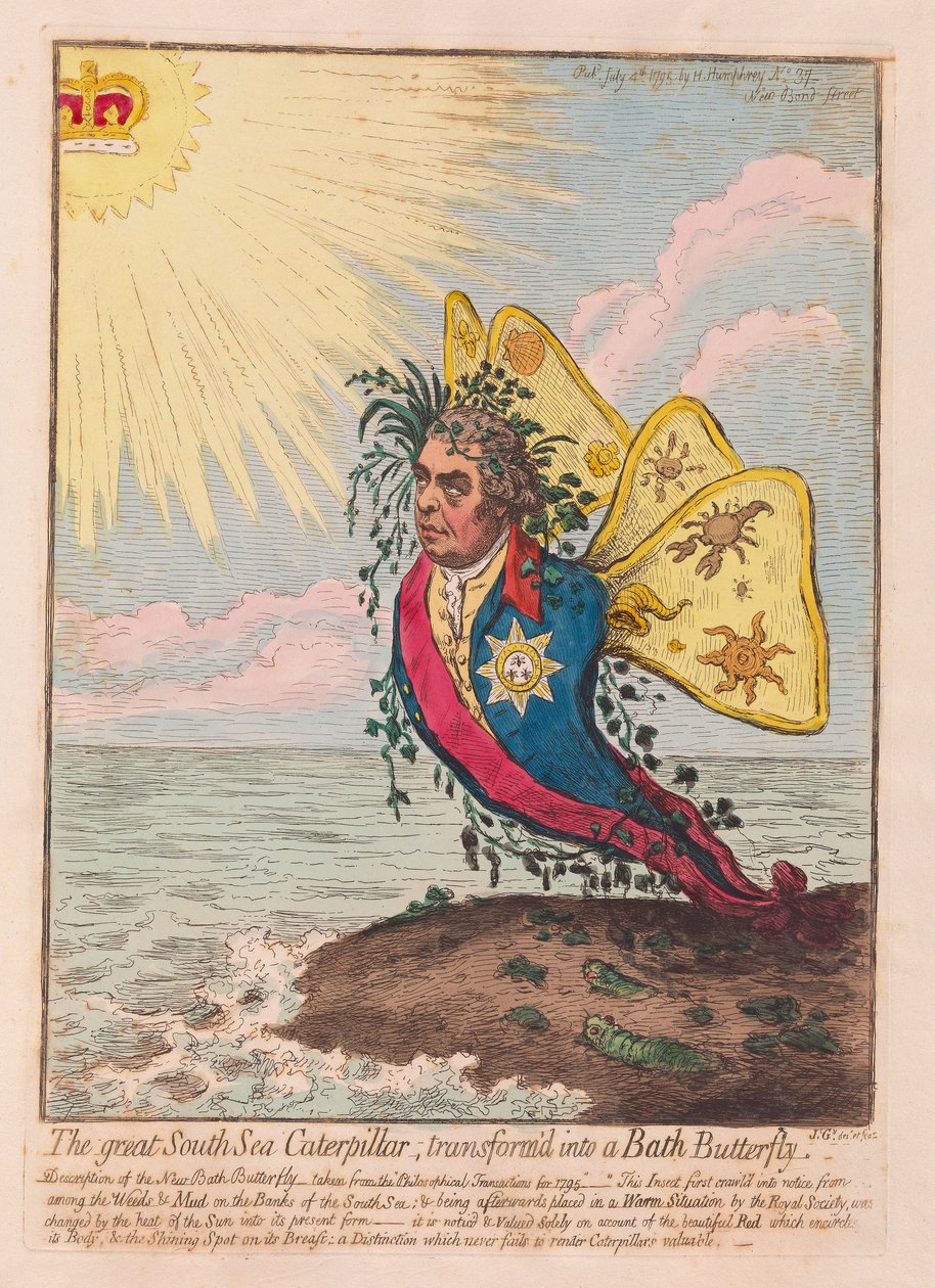 La gran oruga del mar del sur, transformada en una mariposa de Bath de James Gillray