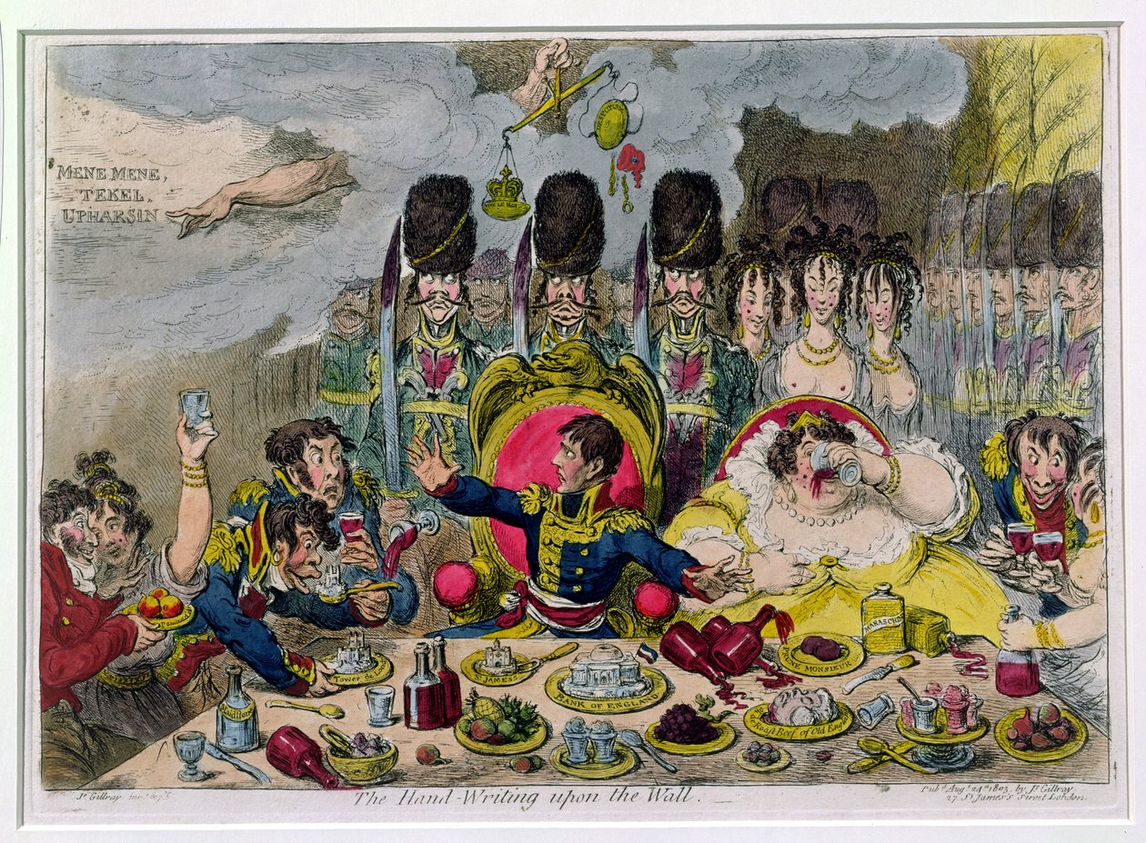 La escritura en la pared, publicado por Hannah Humphrey en 1803 de James Gillray