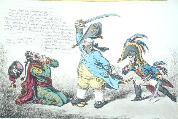 El magnánimo ministro castigando la perfidia prusiana, publicado por Hannah Humphrey en 1806 de James Gillray
