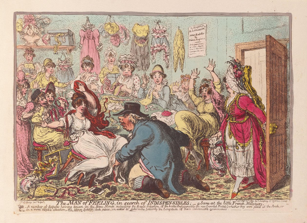 El hombre sensible en busca de lo indispensable; una escena en las pequeñas modistas francesas, pub. 1800 de James Gillray
