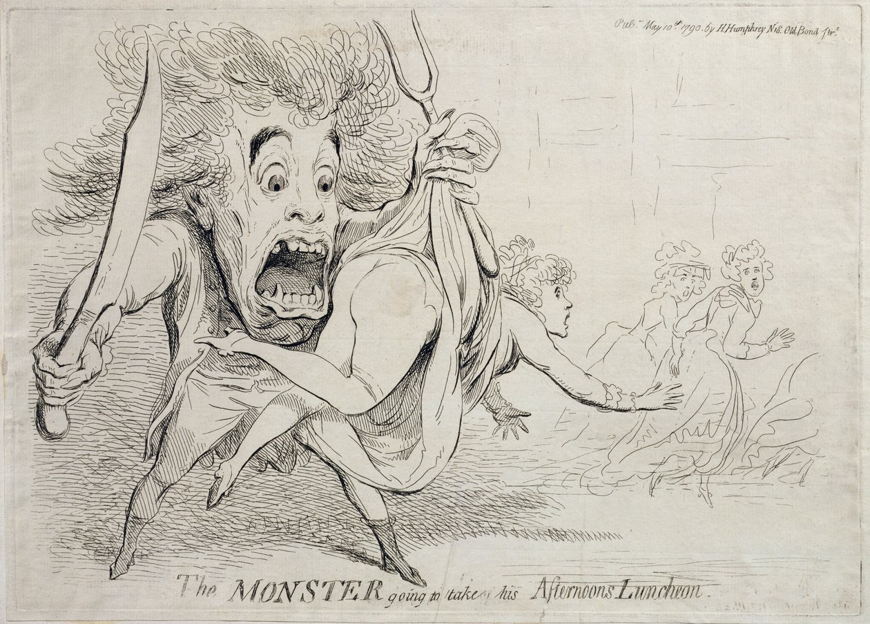 El monstruo yendo a tomar su almuerzo de la tarde, publicado por Hannah Humphrey en 1790 de James Gillray
