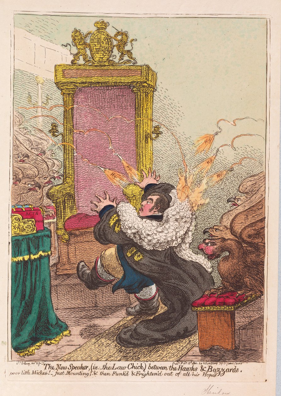 El nuevo orador, (es decir, el polluelo de la ley) entre halcones y buitres de James Gillray