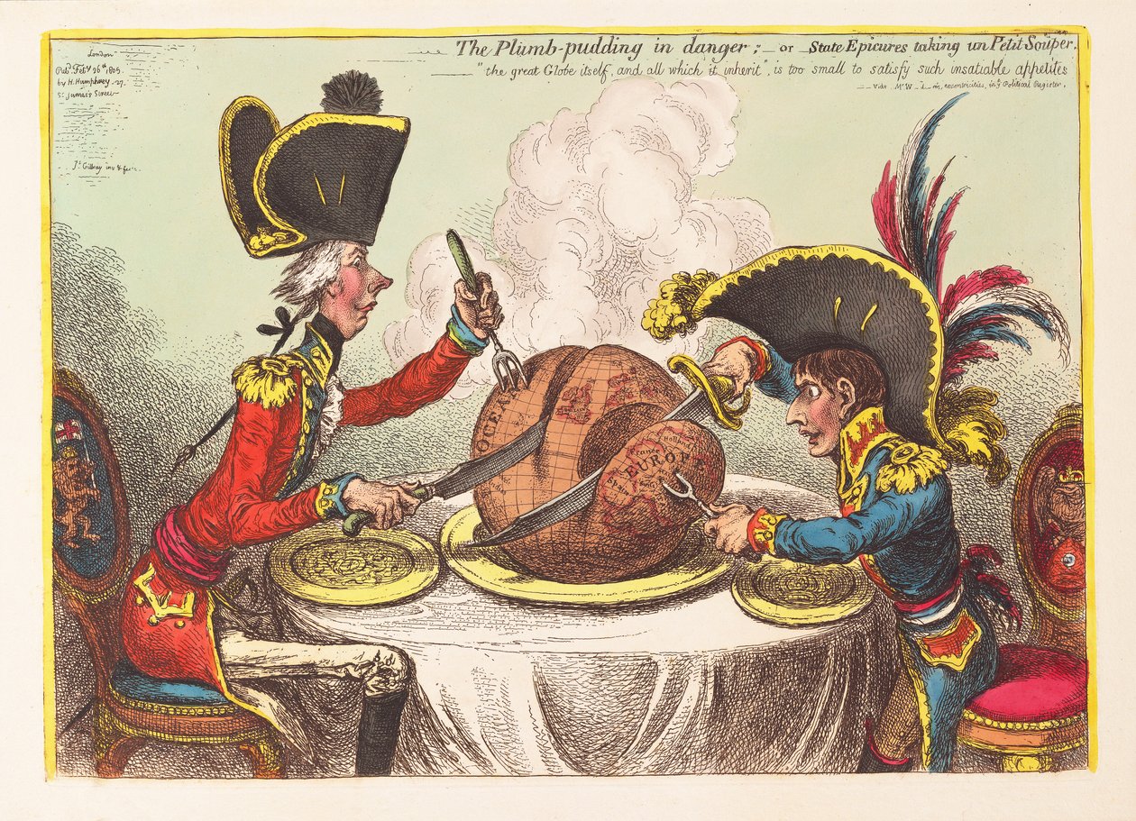 El pudín de ciruela en peligro o epicúreos del estado tomando un petit souper de James Gillray