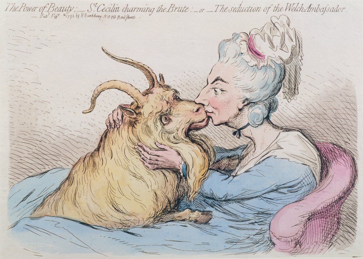 El poder de la belleza: St. Cecilia Charming the Brute, or The seduction of the Welch Ambassador, publicado por Hannah Humphrey en 1792 (grabado coloreado a mano). de James Gillray