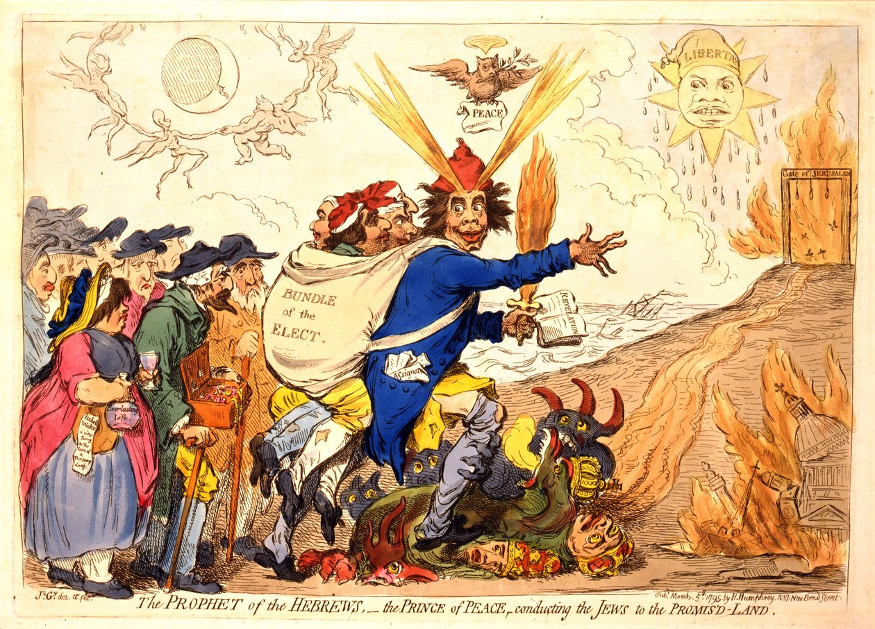 El profeta de los hebreos - el príncipe de la paz conduciendo a los judíos a la tierra prometida, pub. Hannah Humphrey, 1795 (grabado coloreado a mano) de James Gillray