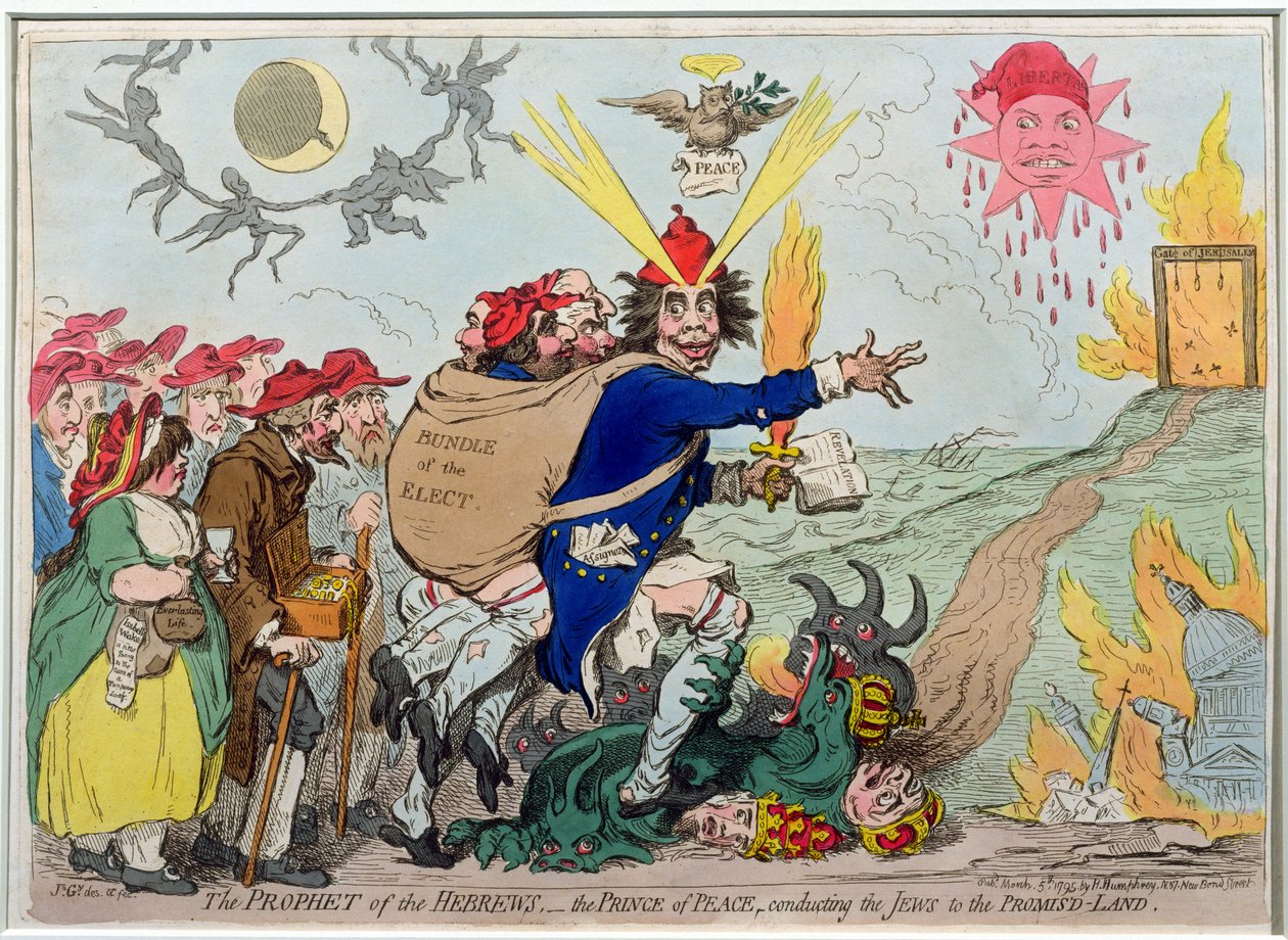 El Profeta de los Hebreos: el Príncipe de la Paz conduciendo a los judíos a la Tierra Prometida, publicado por Hannah Humphrey en 1795 (aguafuerte coloreado a mano) de James Gillray