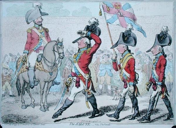 El Saludo, o El Desfile, publicado por Hannah Humphrey en 1797 de James Gillray