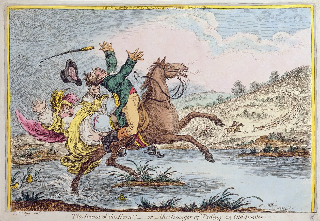El Sonido del Cuerno, o El Peligro de Montar un Viejo Cazador, publicado por Hannah Humphrey en 1807 de James Gillray