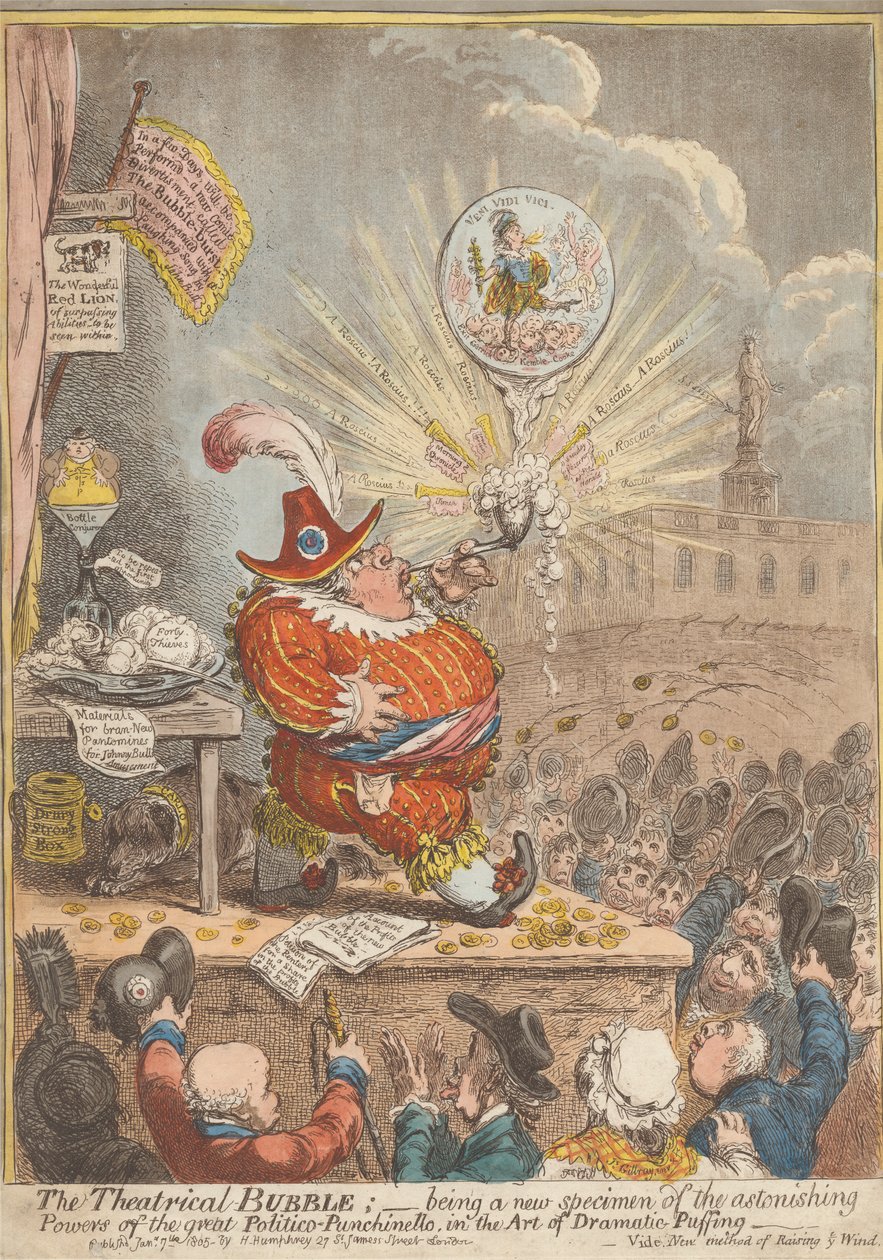 La burbuja teatral: Una nueva muestra de los asombrosos poderes del gran político Puñinello en el arte del soplido dramático. de James Gillray