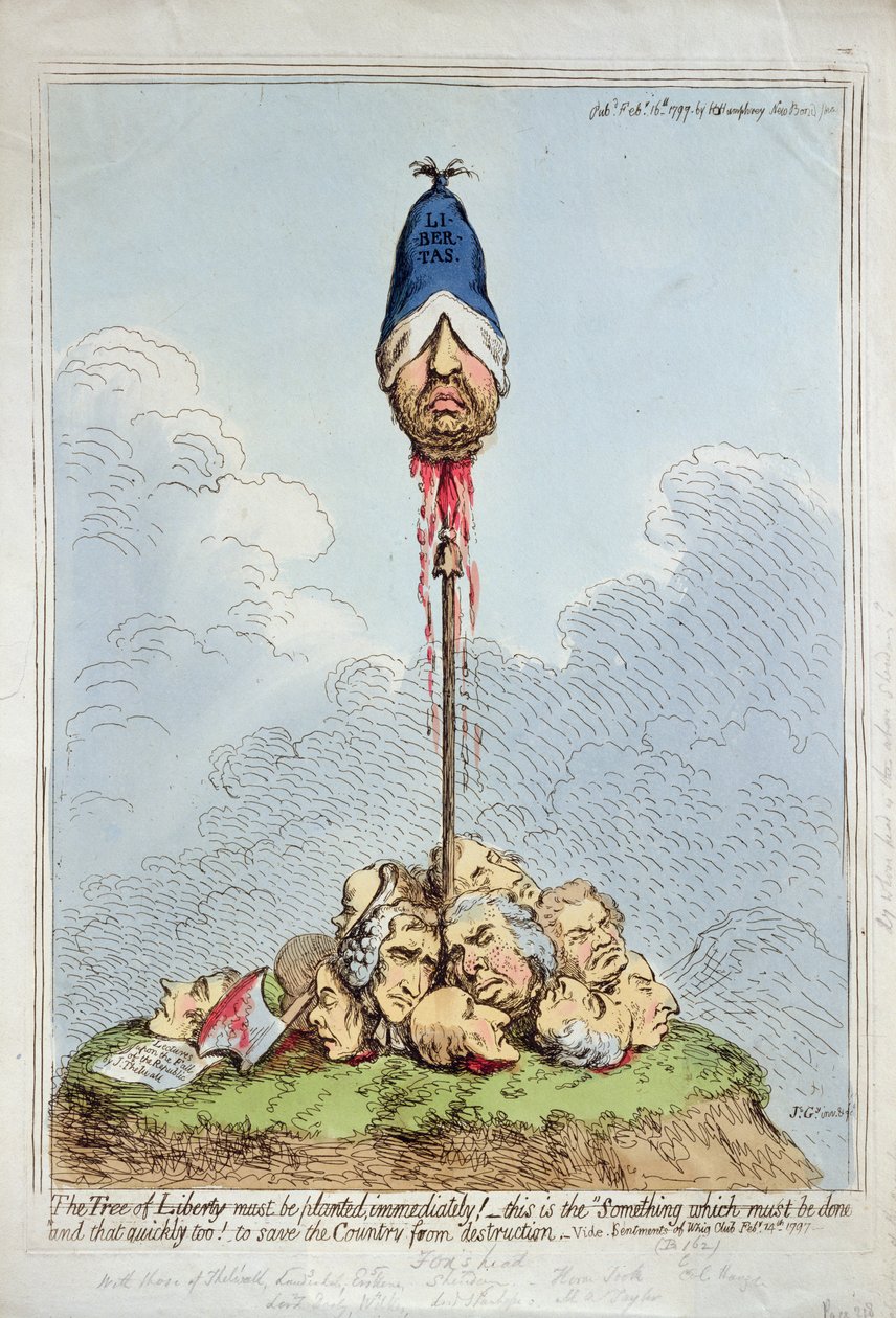"El Árbol de la Libertad debe ser plantado inmediatamente. Esto es lo que hay que hacer, y rápido, para salvar al país de la destrucción", publicado por Hannah Humphrey. de James Gillray
