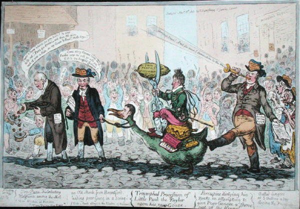 La Procesión Triunfal del Pequeño Paul el Sastre sobre su nueva Oca, publicado en 1806 de James Gillray