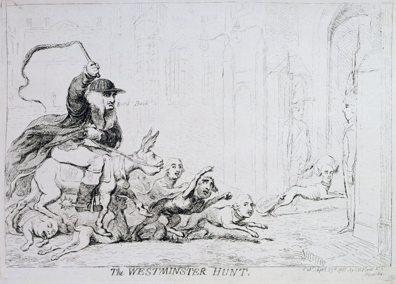 La caza de Westminster, publicada en 1788 de James Gillray