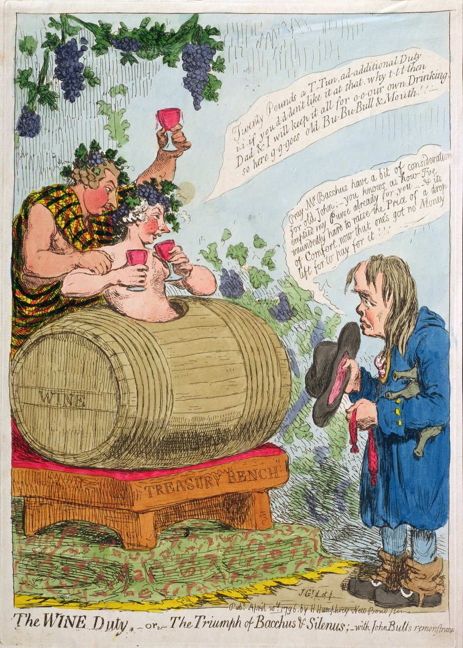 El impuesto sobre el vino, o el triunfo de Baco y Sileno con la protesta de John Bull, publicado por Hannah Humphrey en 1796 de James Gillray