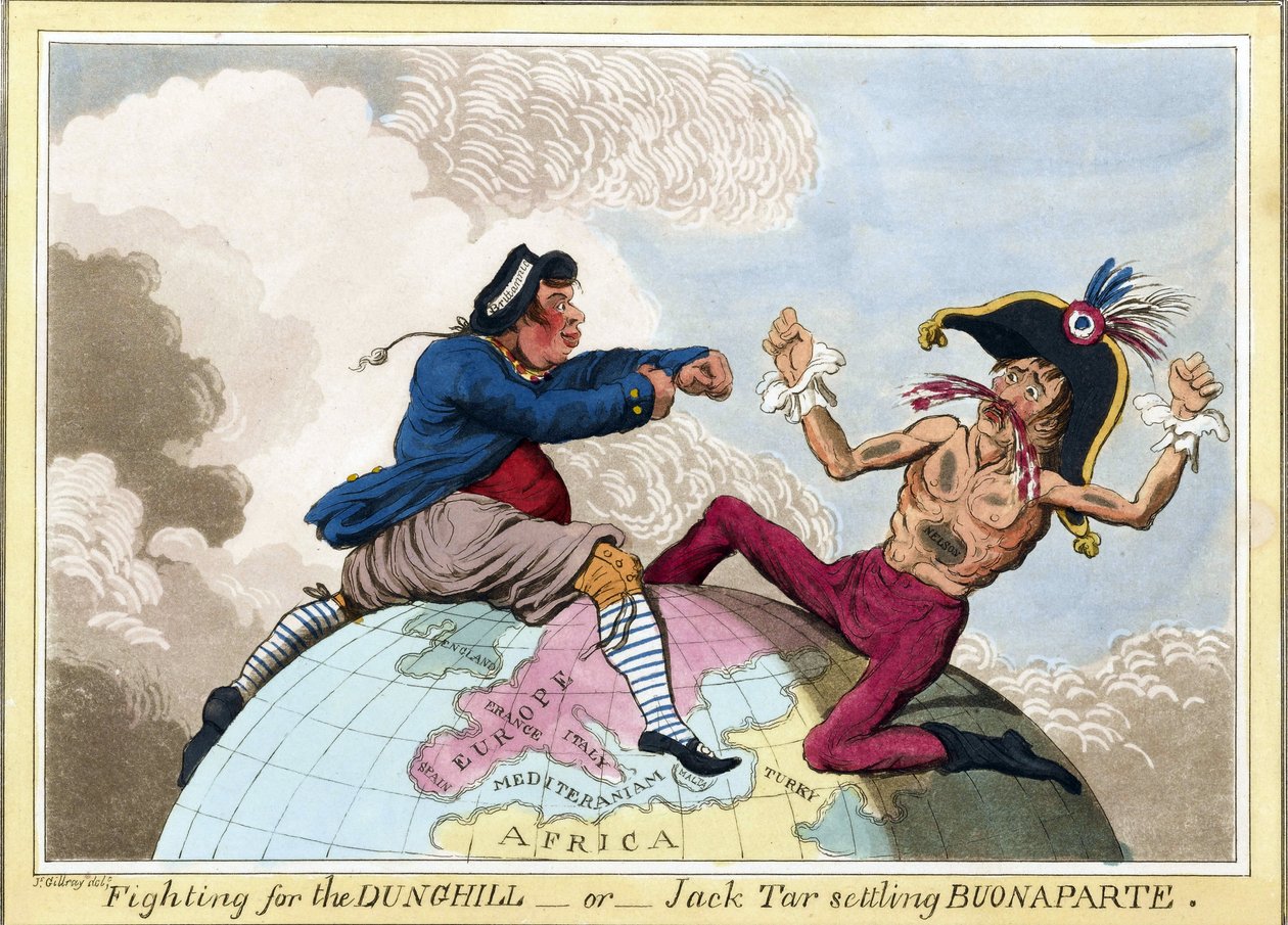 La lucha de los Dunghills o Jack Tar (en representación de los hombres de la Armada británica) contra Napoleón Bonaparte (1769-1821) de James Gillray