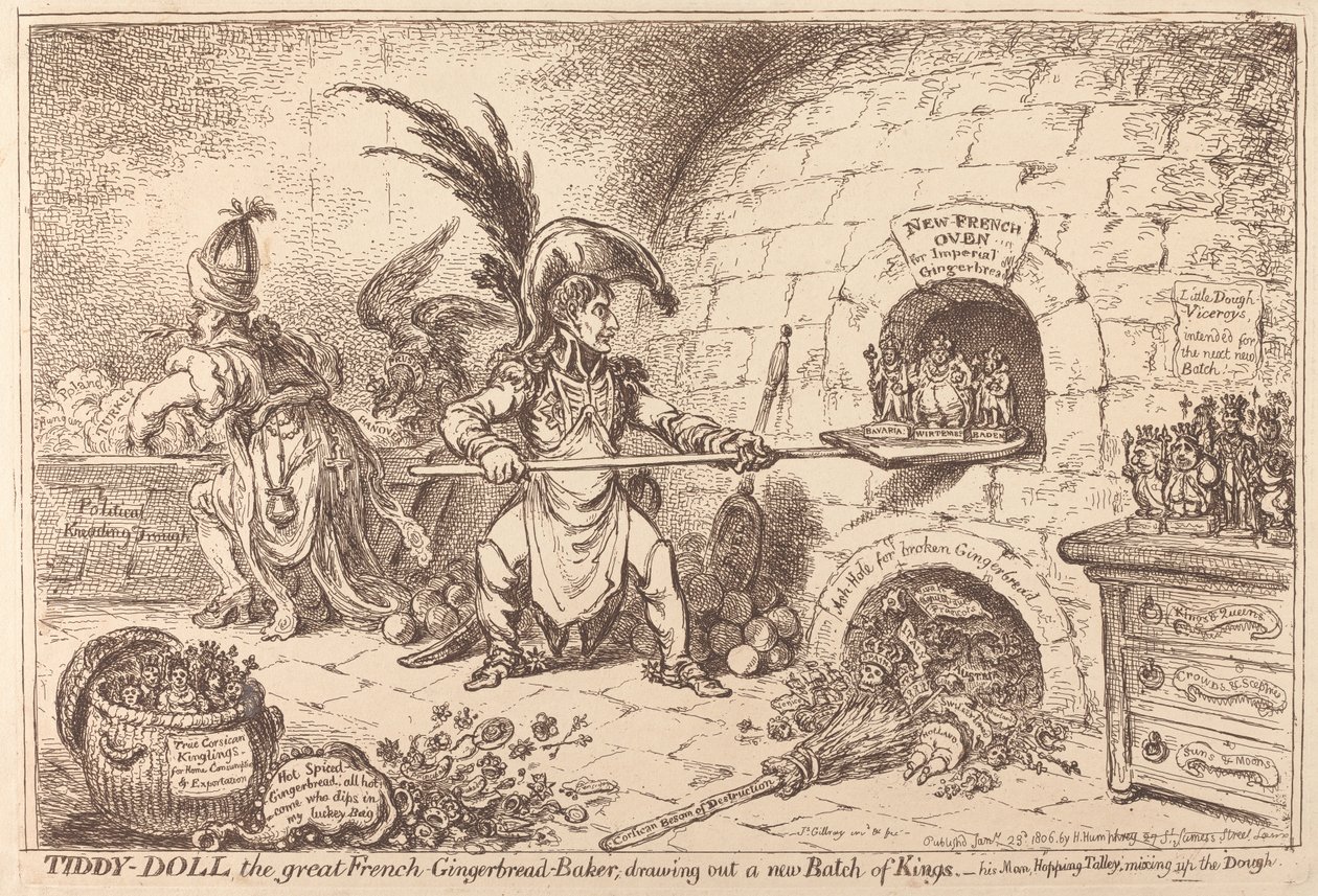 Tiddy-Doll, la gran repostera de pan de jengibre, preparando una nueva tanda de Reyes Magos de James Gillray