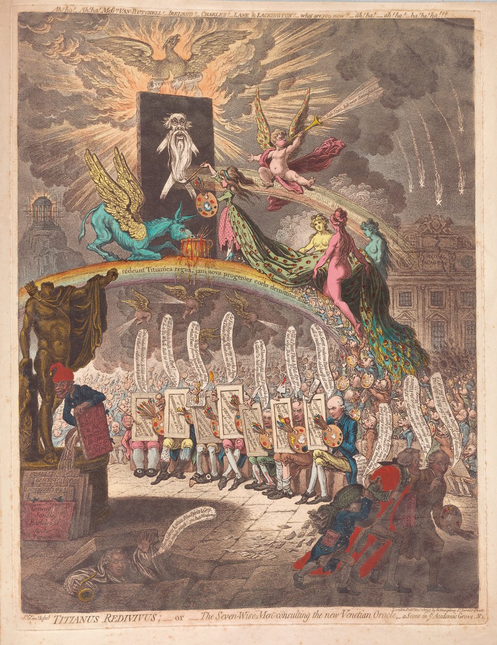 Titianus Redivivus o los siete sabios consultando el nuevo oráculo veneciano, una escena en el Bosque Académico No.1, pub. 1797 de James Gillray