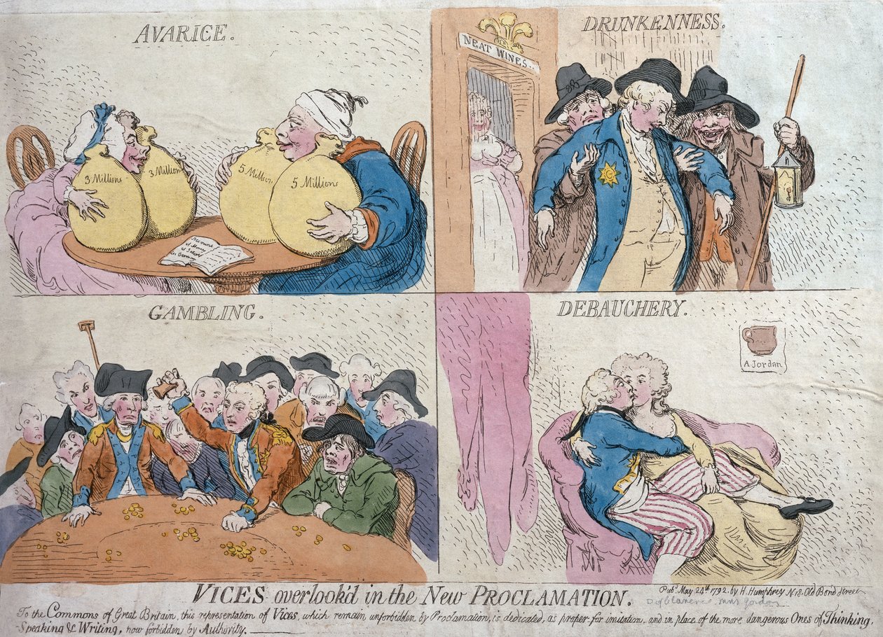 Vicios pasados por alto en la nueva proclamación, publicada por Hannah Humphrey, 1792 de James Gillray