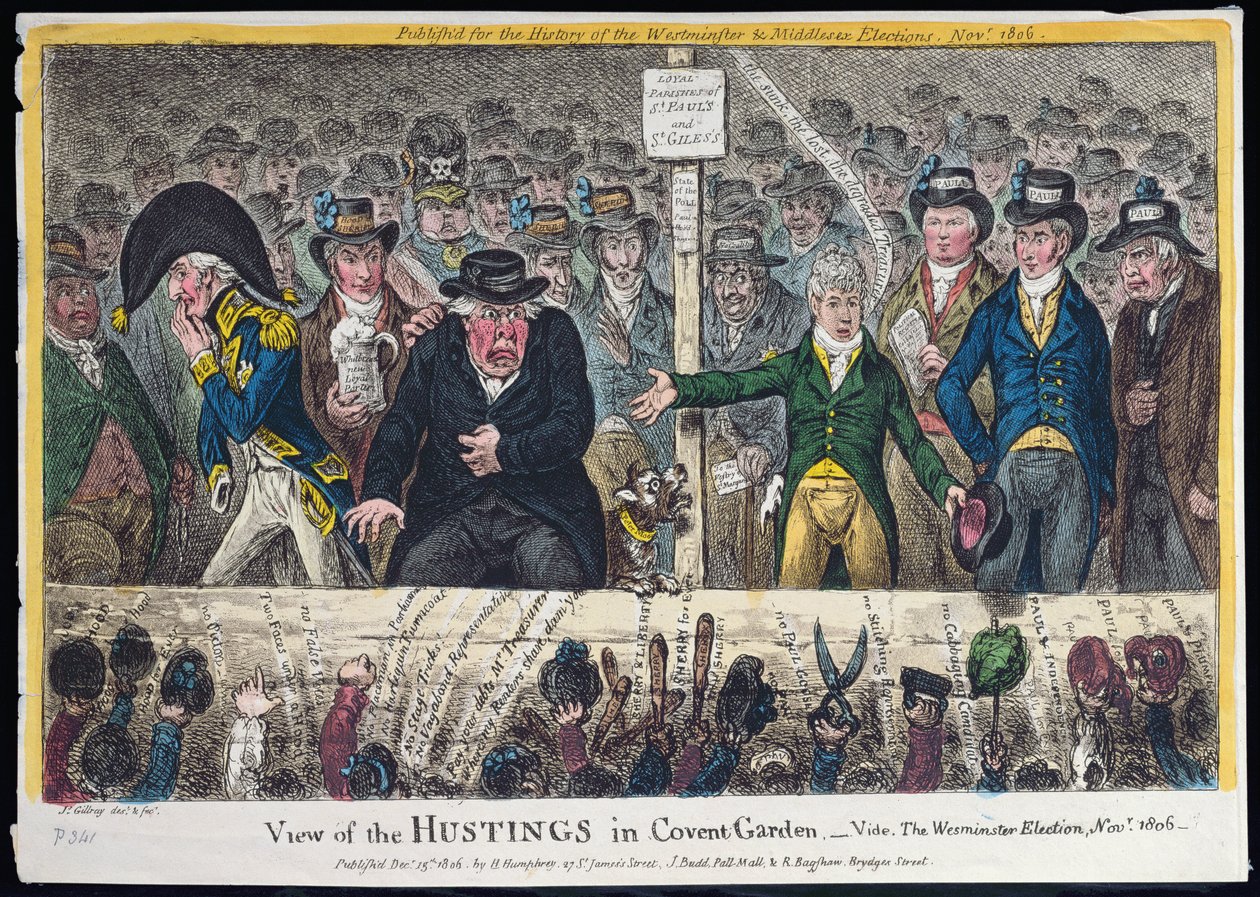 Vista de los estrados en Covent Garden, publicado por Hannah Humphrey en 1806 de James Gillray